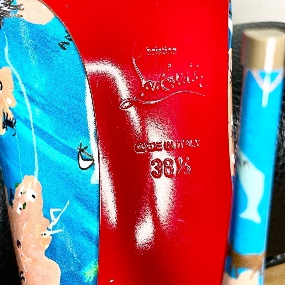 Christian Louboutin “Hot chick” swim pool, Blue Multi graphic. 100mm EU38.5 - Picture 12 of 13